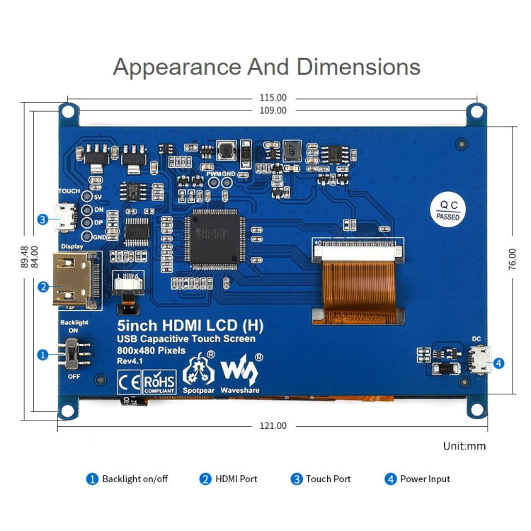 Waveshare Versión reducida de 5 pulgadas Panel de vidrio templado 800 x 480 Pantalla táctil capacitiva LCD (H), 5 inch