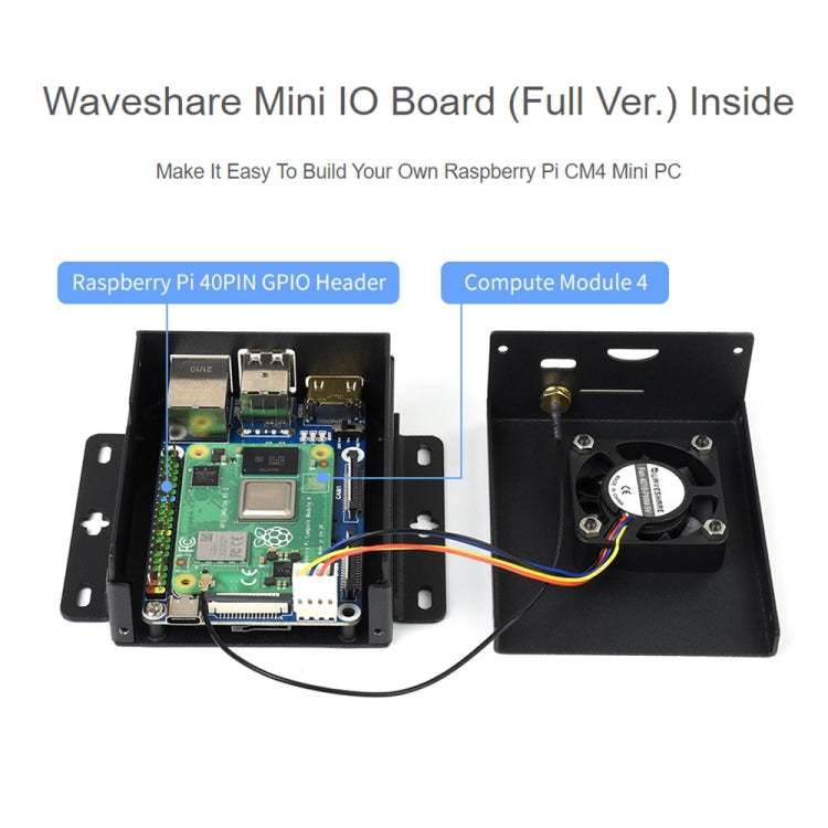 Waveshare Mini IO Board Full Ver Mini-Caja Base de computadora con caja de Metal y ventilador de refrigeración para Raspberry Pi CM4, Mini IO Board Full Ver