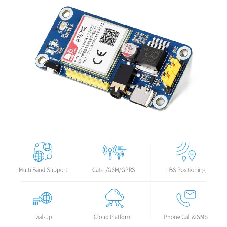 Waveshare Multi Band 2G GSM / GPRS LBS A7670E LTE Cat-1 HAT para Raspberry Pi, para Europa, Sudeste Asiático, Asia Occidental, África, China, Corea del Sur, A7670E LTE Cat-1 HAT