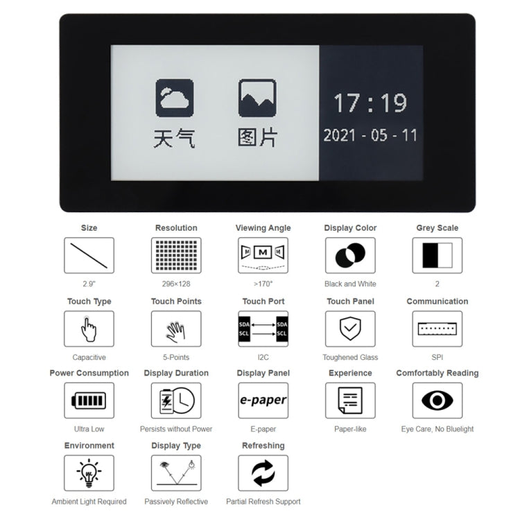 Waveshare 2,9 pulgadas, 296 x 128 píxeles, pantalla táctil capacitiva de 5 puntos, papel electrónico blanco/negro, pantalla de tinta electrónica HAT para Raspberry Pi Pico, interfaz SPI, 19967