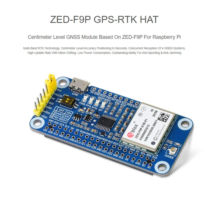 Waveshare ZED-F9P GPS-RTK HAT Módulo GPS diferencial RTK multibanda de precisión de nivel centimétrico para Raspberry Pi, ZED-F9P