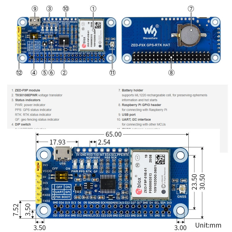 Waveshare ZED-F9P GPS-RTK HAT Módulo GPS diferencial RTK multibanda de precisión de nivel centimétrico para Raspberry Pi, ZED-F9P