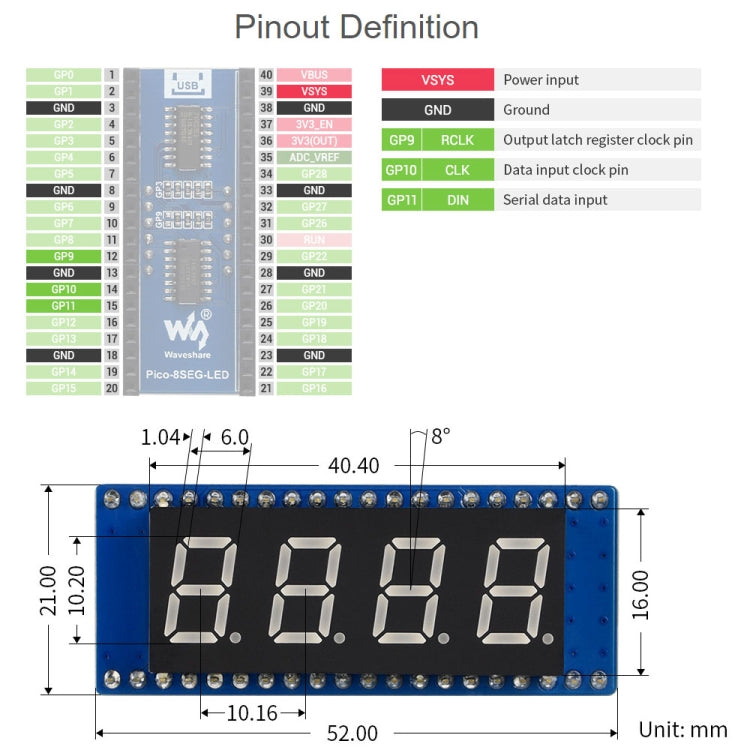 Módulo de pantalla WAVESHARE de 4 dígitos y 8 segmentos para Raspberry Pi Pico, compatible con SPI, 19806