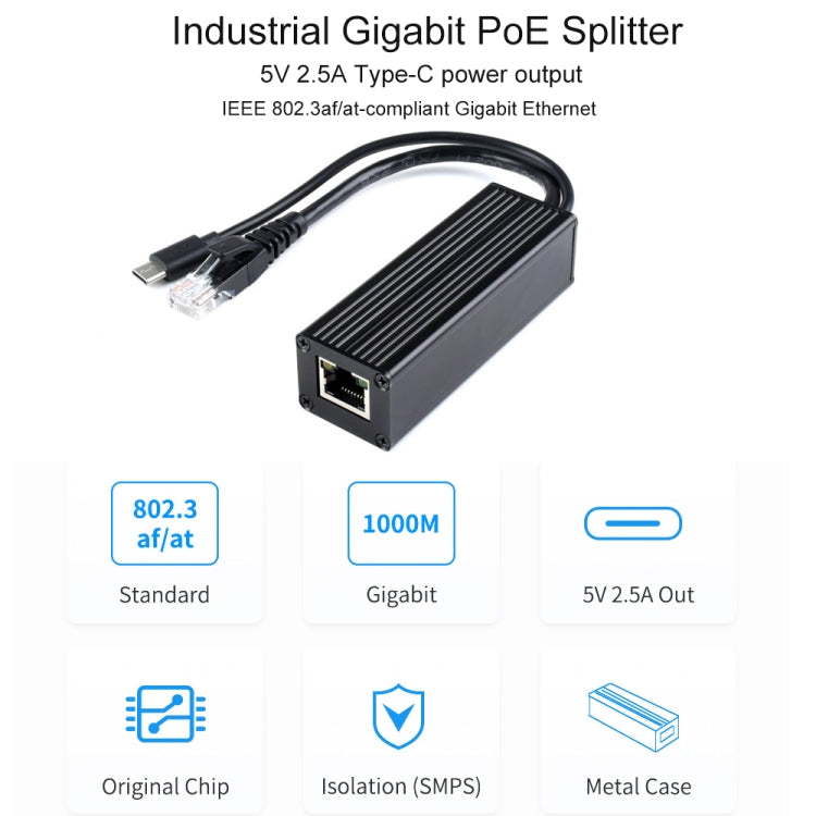 Divisor PoE Gigabit con caja metálica Waveshare, salida tipo C de 5V 2,5A