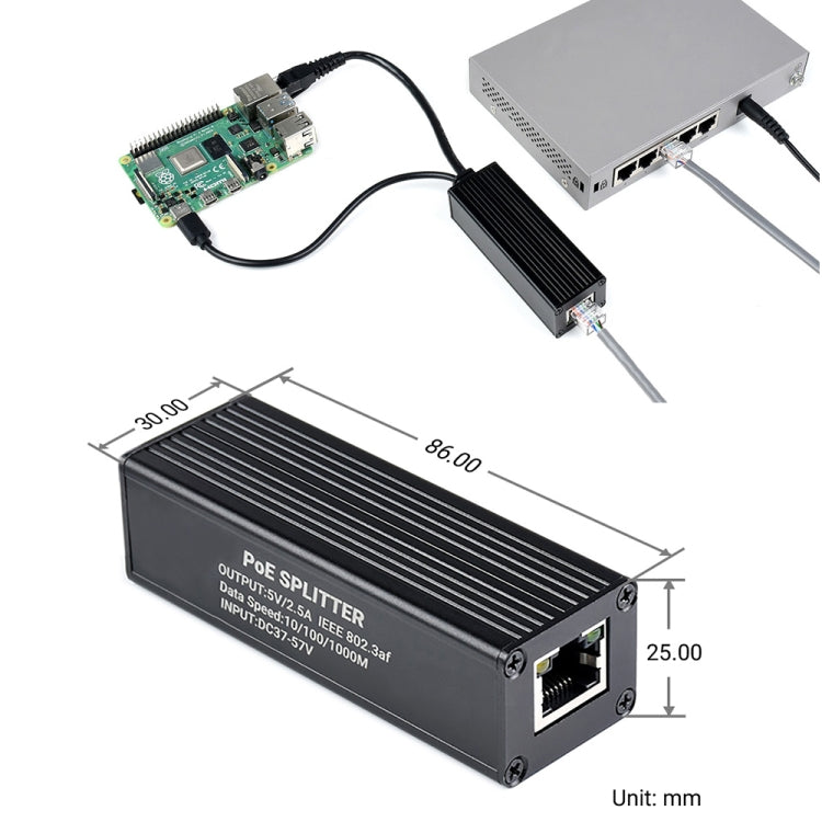 Divisor PoE Gigabit con caja metálica Waveshare, salida tipo C de 5V 2,5A