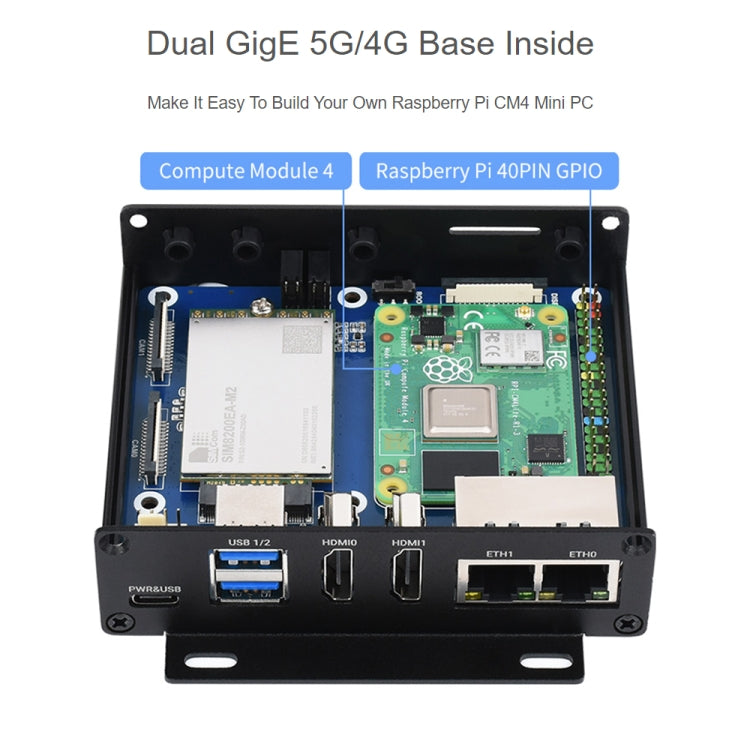 Waveshare Dual Gigabit Ethernet 5G/4G Caja de computadora con ventilador de refrigeración para Raspberry Pi CM4