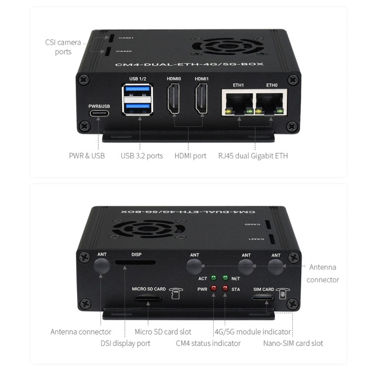 Waveshare Dual Gigabit Ethernet 5G/4G Caja de computadora con ventilador de refrigeración para Raspberry Pi CM4