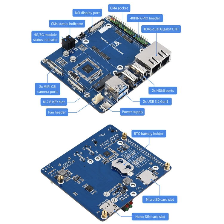 Waveshare Dual Gigabit Ethernet 5G/4G Caja de computadora con ventilador de refrigeración para Raspberry Pi CM4