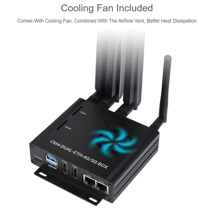 Waveshare Dual Gigabit Ethernet 5G/4G Caja de computadora con ventilador de refrigeración para Raspberry Pi CM4