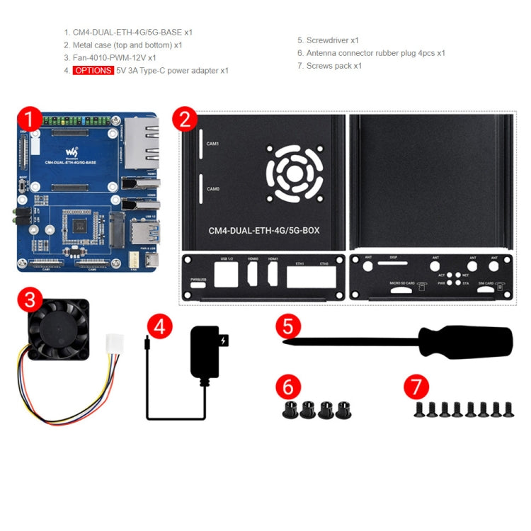 Waveshare Dual Gigabit Ethernet 5G/4G Caja de computadora con ventilador de refrigeración para Raspberry Pi CM4