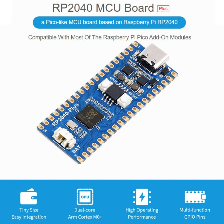 Placa MCU Waveshare RP2040-Plus tipo Pico basada en Raspberry Pi MCU RP2040, con Pinheader, RP2040-Plus with Pinheader