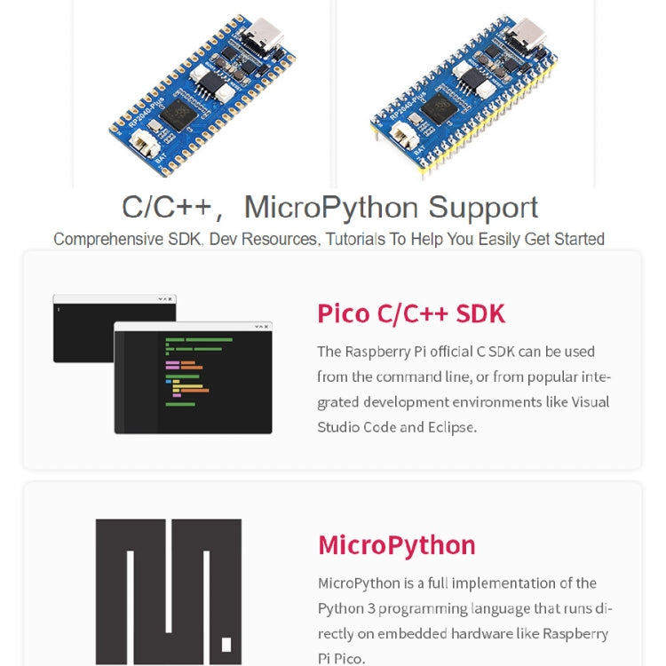 Placa MCU Waveshare RP2040-Plus tipo Pico basada en Raspberry Pi MCU RP2040, con Pinheader, RP2040-Plus with Pinheader