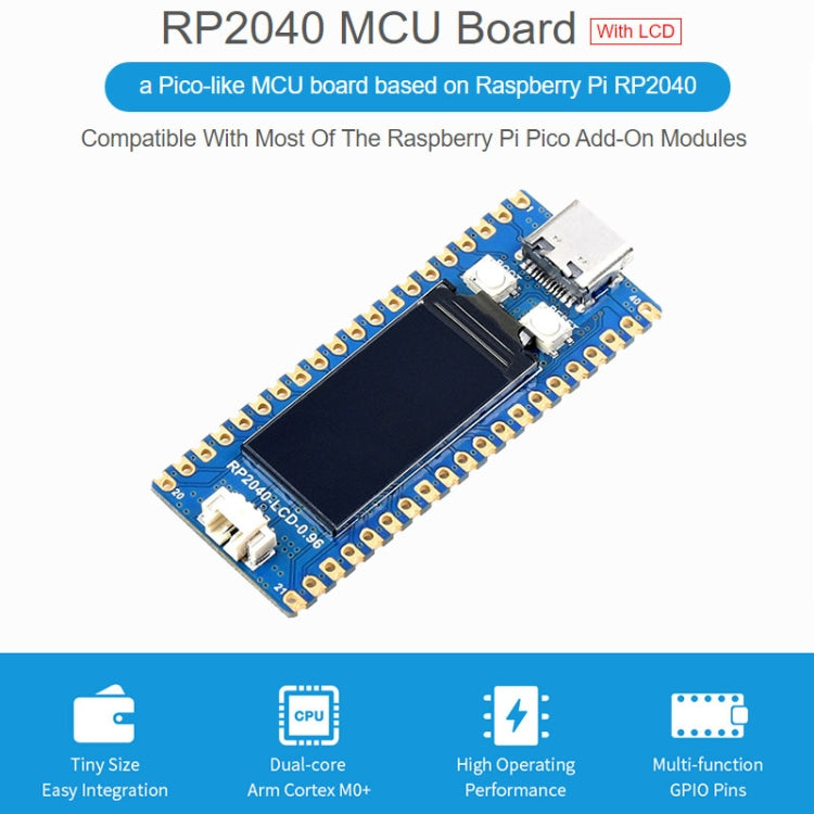 Placa MCU tipo Pico Waveshare RP2040-LCD-0.96 basada en Raspberry Pi MCU RP2040, con cabezal de alfiler, RP2040-LCD-0.96