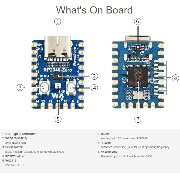 Placa MCU tipo Pico Waveshare RP2040-Zero basada en Raspberry Pi MCU RP2040, con versión mini Pinheader, 20335