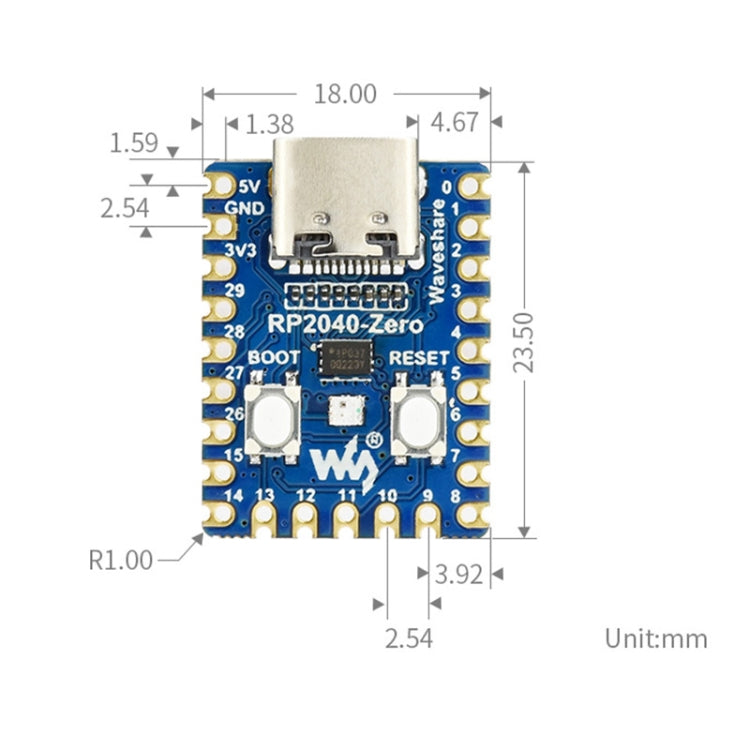 Placa MCU tipo Pico Waveshare RP2040-Zero basada en Raspberry Pi MCU RP2040, con versión mini Pinheader, 20335