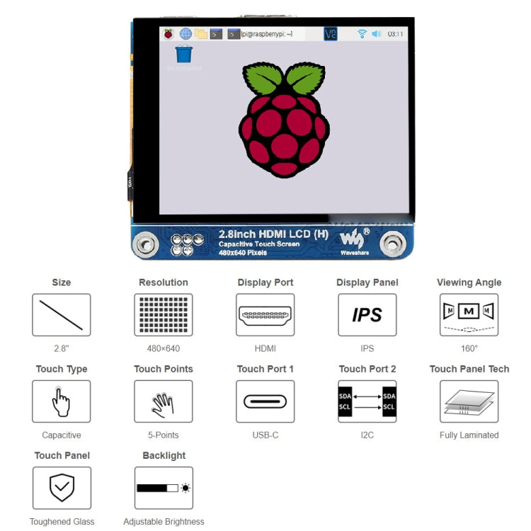 Pantalla LCD Waveshare de 2,8 pulgadas 480x640 HDMI IPS (H) Pantalla totalmente laminada