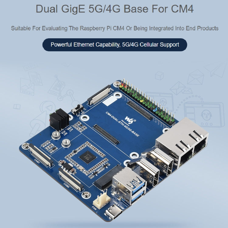 Placa Base Waveshare Dual Gigabit Ethernet 5G/4G para Raspberry Pi CM4
