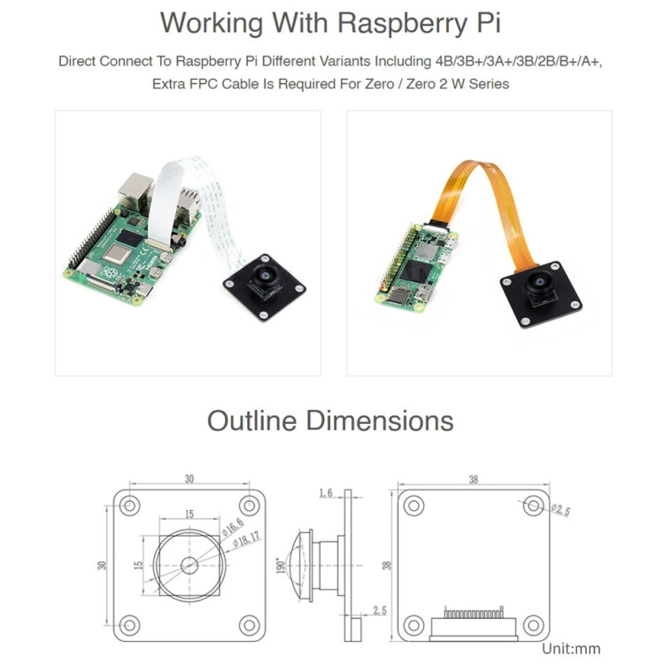 Waveshare IMX378-190 Lente ojo de pez Cámara de campo más amplio de 12,3 MP para Raspberry Pi, IMX378-190 Module