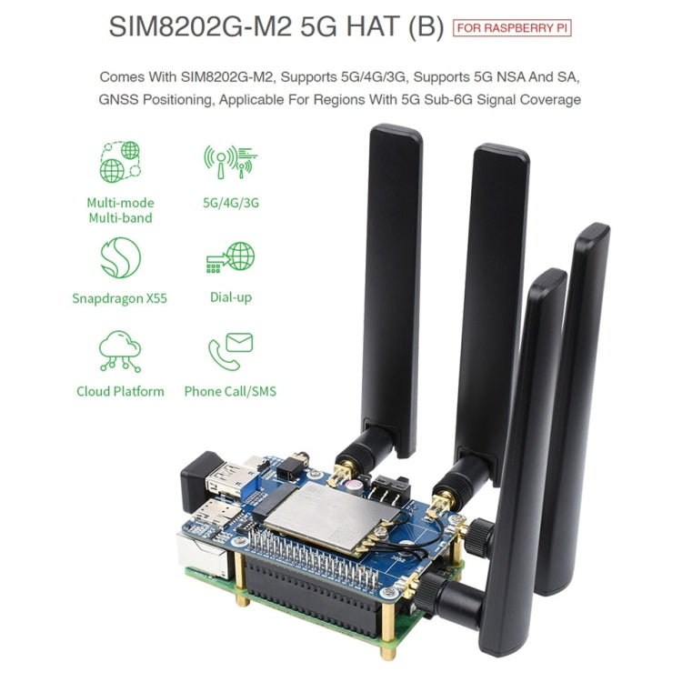 Waveshare SIM8202G-M2 5G HAT B Placa de módulo multibanda Snapdragon X55 para Raspberry Pi, SIM8202G-M2 5G HAT B