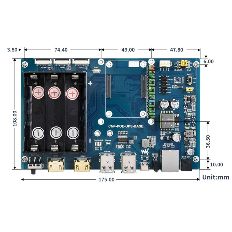 Placa base Waveshare PoE UPS para Raspberry Pi CM4, Gigabit Ethernet, HDMI dual, USB 2.0 cuádruple, PoE UPS Base Board