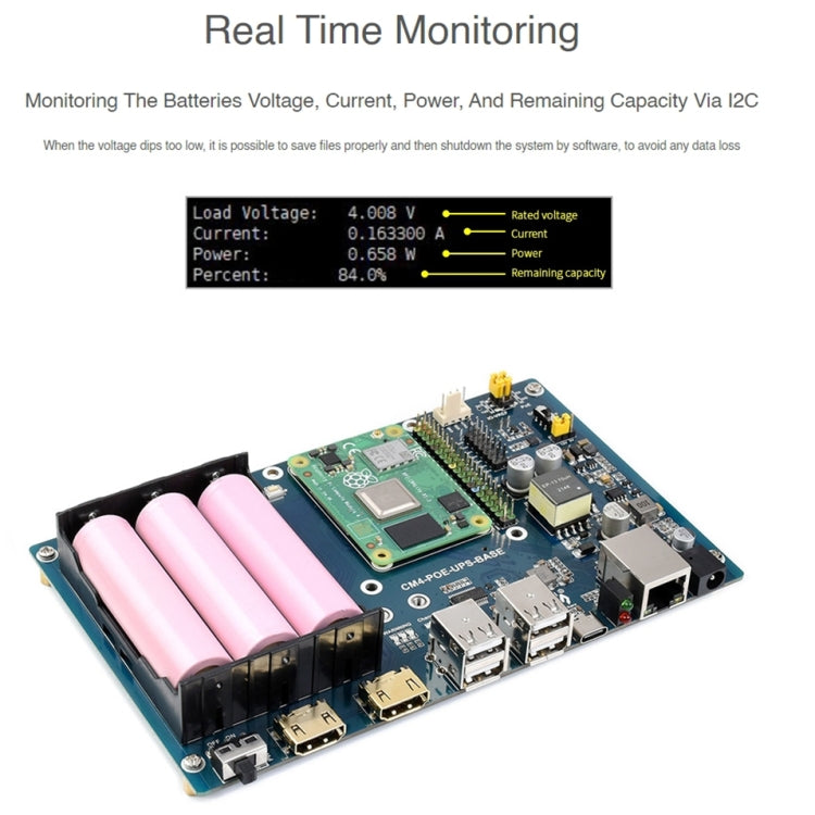 Placa base Waveshare PoE UPS para Raspberry Pi CM4, Gigabit Ethernet, HDMI dual, USB 2.0 cuádruple, PoE UPS Base Board