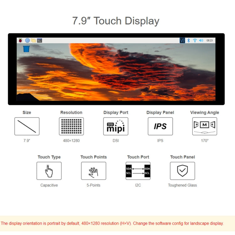 WAVESHARE Pantalla táctil capacitiva de 7,9 pulgadas para Raspberry Pi, 400 x 1280, IPS, interfaz DSI, 7.9 inch