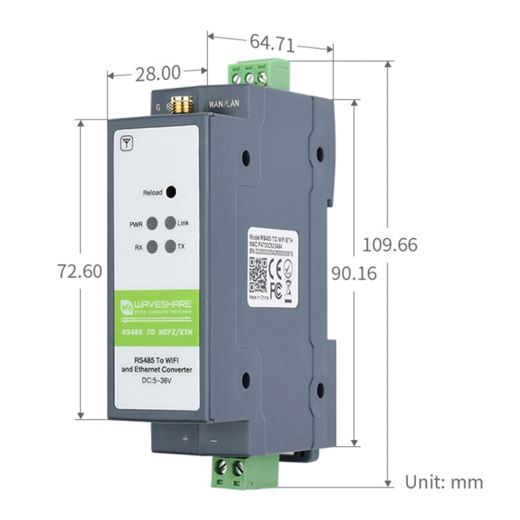 Servidor serie de montaje en carril Waveshare RS485 a módulo WIFI/Ethernet, puerta de enlace Modbus MQTT, 21968
