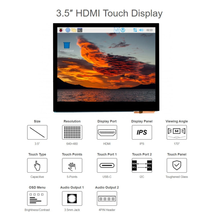Waveshare Pantalla LCD IPS táctil capacitiva HDMI de 3,5 pulgadas (E), 640 x 480, conector de audio, 3.5 inch Audio Jack
