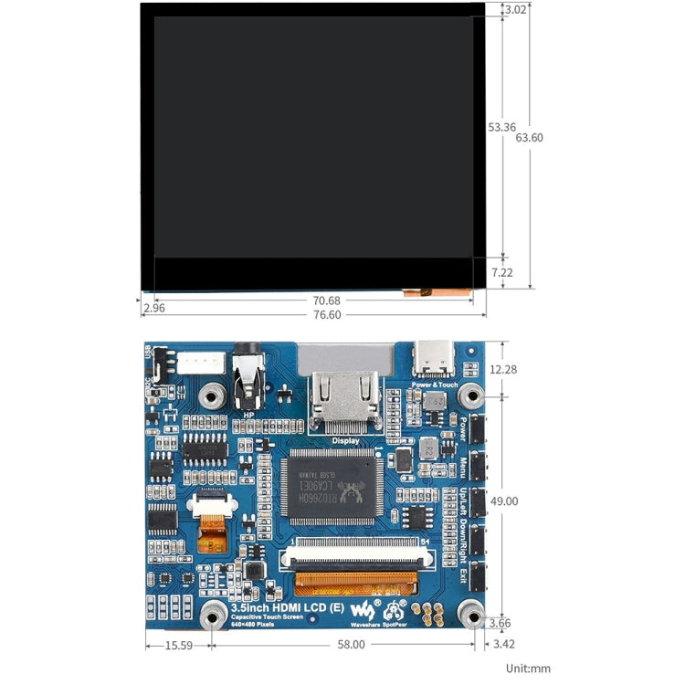 Waveshare Pantalla LCD IPS táctil capacitiva HDMI de 3,5 pulgadas (E), 640 x 480, conector de audio, 3.5 inch Audio Jack
