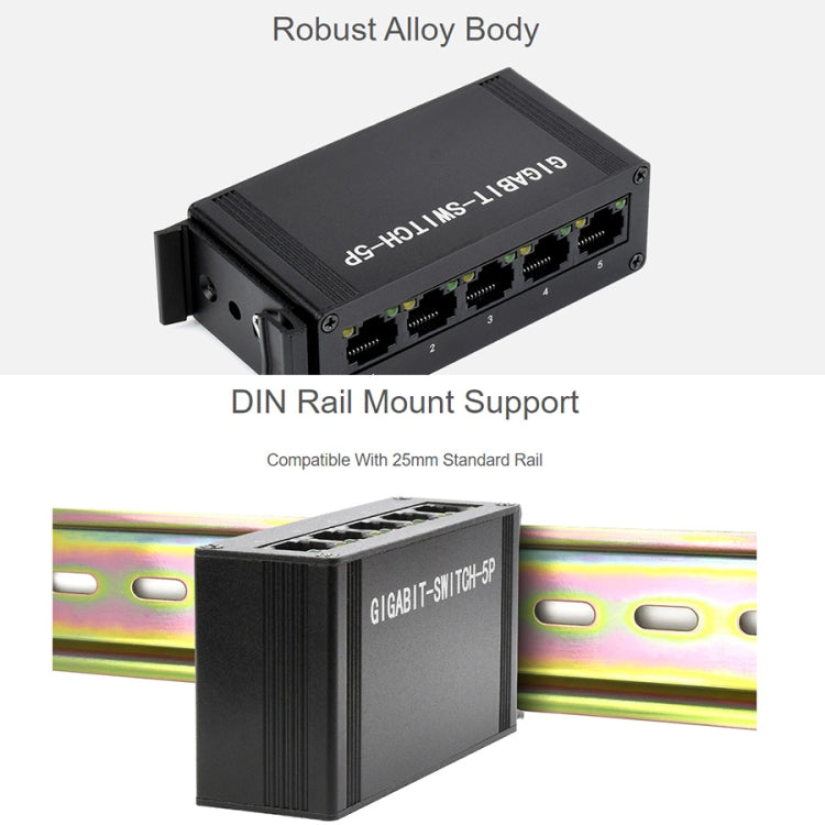 Conmutador Gigabit Ethernet 5P industrial Waveshare, Full-Duplex 10/100/1000M, montaje en carril DIN