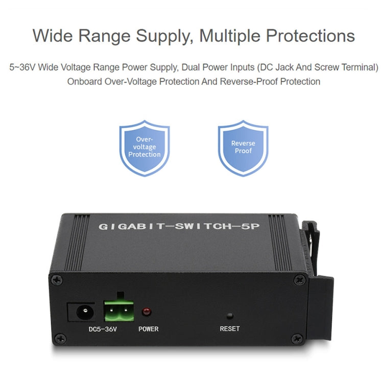 Conmutador Gigabit Ethernet 5P industrial Waveshare, Full-Duplex 10/100/1000M, montaje en carril DIN