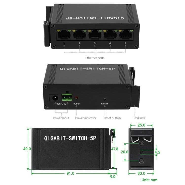 Conmutador Gigabit Ethernet 5P industrial Waveshare, Full-Duplex 10/100/1000M, montaje en carril DIN