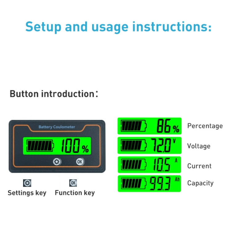 2m 100A 12V 48V Pantalla digital Voltímetro de corriente CC Medidor de carga de batería de litio de plomo-ácido, 2m 100A