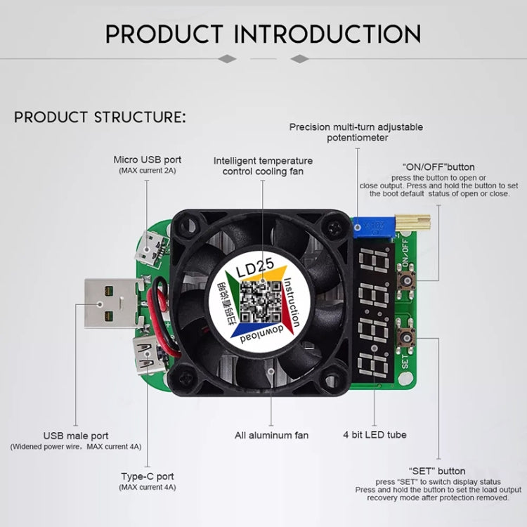 Prueba de batería de descarga de resistencia de carga USB electrónica de voltaje de corriente ajustable LD25