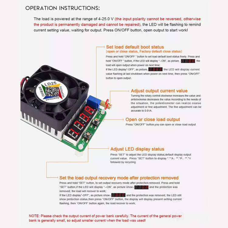 Prueba de batería de descarga de resistencia de carga USB electrónica de voltaje de corriente ajustable LD25