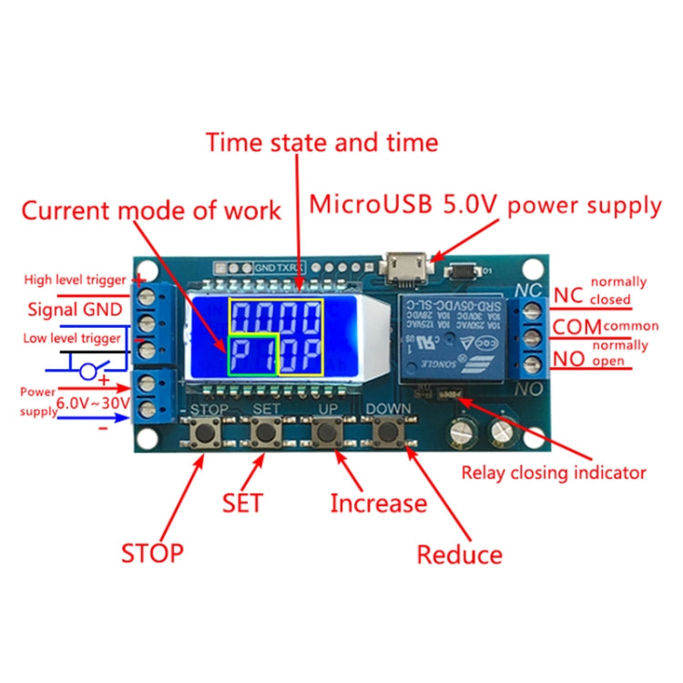 XY-LJ02 6-30V Micro USB Pantalla LCD digital Módulo de relé de retardo de tiempo Interruptor de temporizador de control