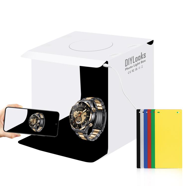 Kit de estudio fotográfico plegable portátil de 20 cm con 550 lúmenes y 6 fondos de colores (negro, blanco, amarillo, rojo, verde, azul). Tamaño desplegado: 24 cm x 23 cm x 23 cm.