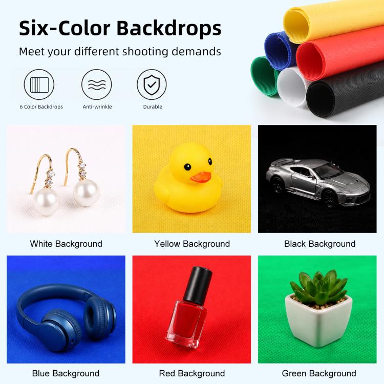 Kit de estudio fotográfico plegable portátil de 20 cm con 550 lúmenes y 6 fondos de colores (negro, blanco, amarillo, rojo, verde, azul). Tamaño desplegado: 24 cm x 23 cm x 23 cm.
