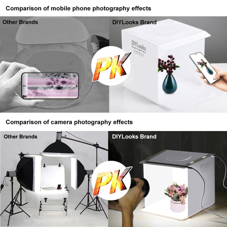 Kit de estudio fotográfico plegable portátil de 20 cm con 2 paneles LED, 1100 lúmenes, con 6 fondos de colores (negro, blanco, amarillo, rojo, verde y azul). Tamaño desplegado: 24 cm x 23 cm x 23 cm.