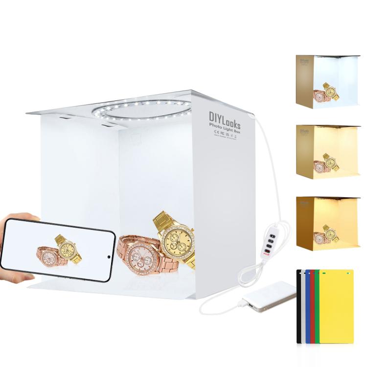 Kit de estudio fotográfico plegable portátil con panel LED anular de 23 cm, incluye 6 fondos de colores (negro, blanco, amarillo, rojo, verde y azul). Tamaño desplegado: 24 cm x 23 cm x 23 cm.