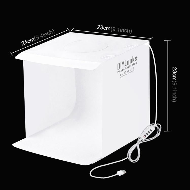 Kit de estudio fotográfico plegable portátil con panel LED anular de 23 cm, incluye 6 fondos de colores (negro, blanco, amarillo, rojo, verde y azul). Tamaño desplegado: 24 cm x 23 cm x 23 cm.