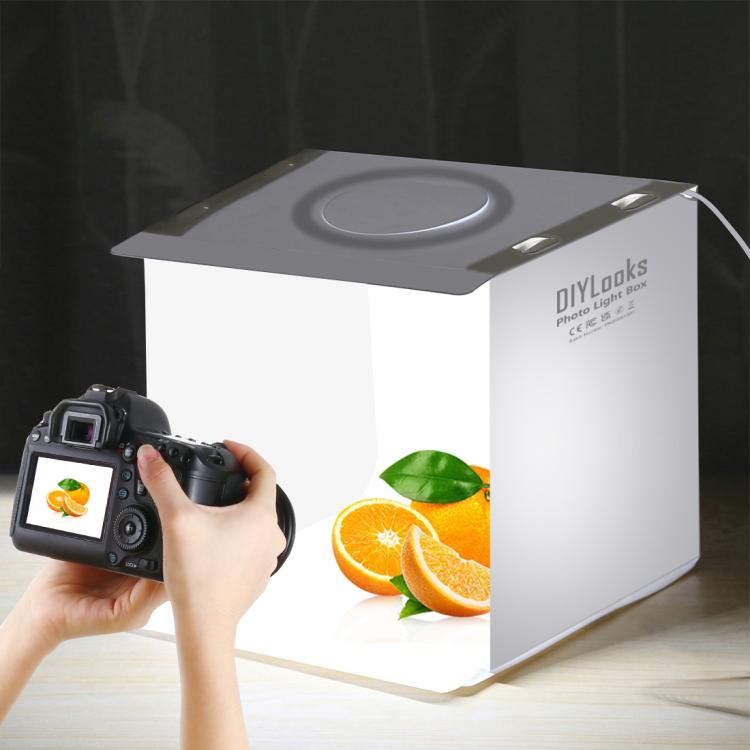 Kit de estudio fotográfico plegable portátil con panel LED anular de 23 cm, incluye 6 fondos de colores (negro, blanco, amarillo, rojo, verde y azul). Tamaño desplegado: 24 cm x 23 cm x 23 cm.