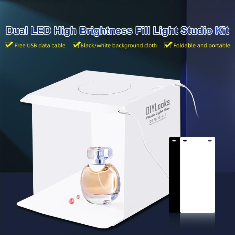 Kit de estudio fotográfico plegable portátil de 20 cm con 2 paneles LED, 1100 lúmenes, con 2 fondos de colores (negro y blanco). Tamaño desplegado: 24 cm x 23 cm x 23 cm.