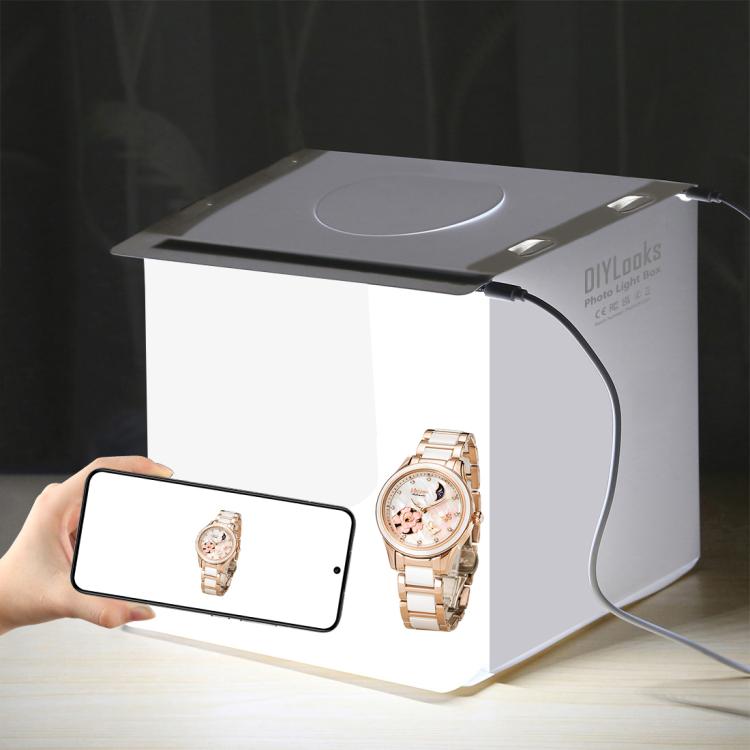 Kit de estudio fotográfico plegable portátil de 20 cm con 2 paneles LED, 1100 lúmenes, con 2 fondos de colores (negro y blanco). Tamaño desplegado: 24 cm x 23 cm x 23 cm.
