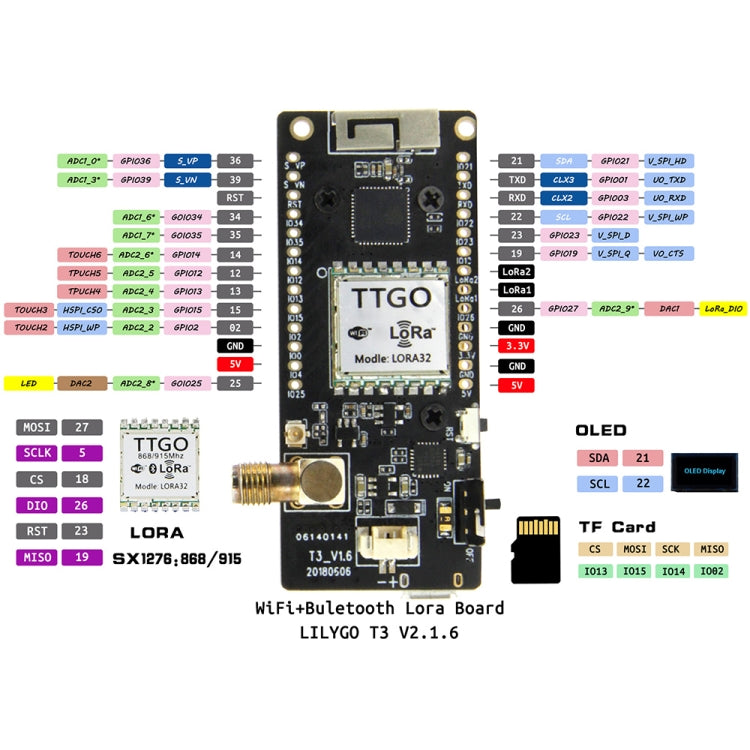 TTGO LORA32 V2.1 ESP32 0,96 pulgadas OLED Bluetooth WiFi módulo inalámbrico 433MHz SMA IP5306 módulo con antena, 433MHz