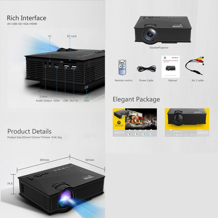 Proyector de las multimedias HD LED del cine en casa de UC68+ 40ANSI 1024 x 600P, ayuda USB/SD/HDMI/VGA/IR, UC46+ Black