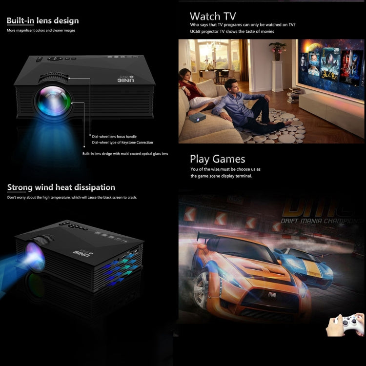 Proyector de las multimedias HD LED del cine en casa de UC68+ 40ANSI 1024 x 600P, ayuda USB/SD/HDMI/VGA/IR, UC46+ Black