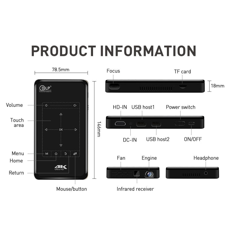 P09 Mini Proyector Inteligente Portátil 4K Ultra HD DLP con Control Remoto por Infrarrojos, Amlogic S905X 4-Core A53 hasta 1.5GHz Android 6.0, 1GB+8GB, Soporte WiFi 2.4G/5G, Bluetooth, Tarjeta TF