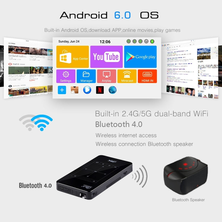 P09 Mini Proyector Inteligente Portátil 4K Ultra HD DLP con Control Remoto por Infrarrojos, Amlogic S905X 4-Core A53 hasta 1.5GHz Android 6.0, 1GB+8GB, Soporte WiFi 2.4G/5G, Bluetooth, Tarjeta TF