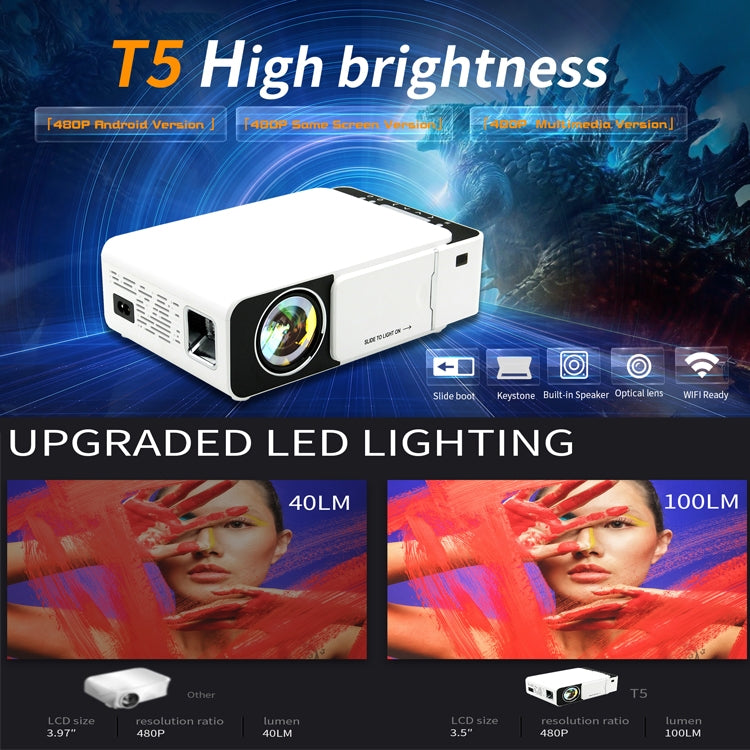 Proyector inteligente T5 100ANSI lúmenes Resolución 800x400 480P LED + tecnología LCD, compatible con HDMI / tarjeta SD / 2 x USB / Audio 3,5 mm, versión ordinaria, Ordinary Version